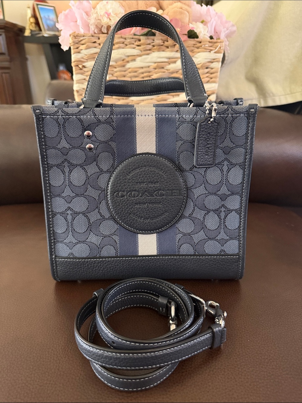 Coach Navy and Cream Signature Stripe Mini Tote